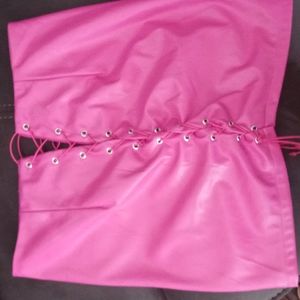 Hot Pink Faux Leather Lace Up Detail Mini Skirt